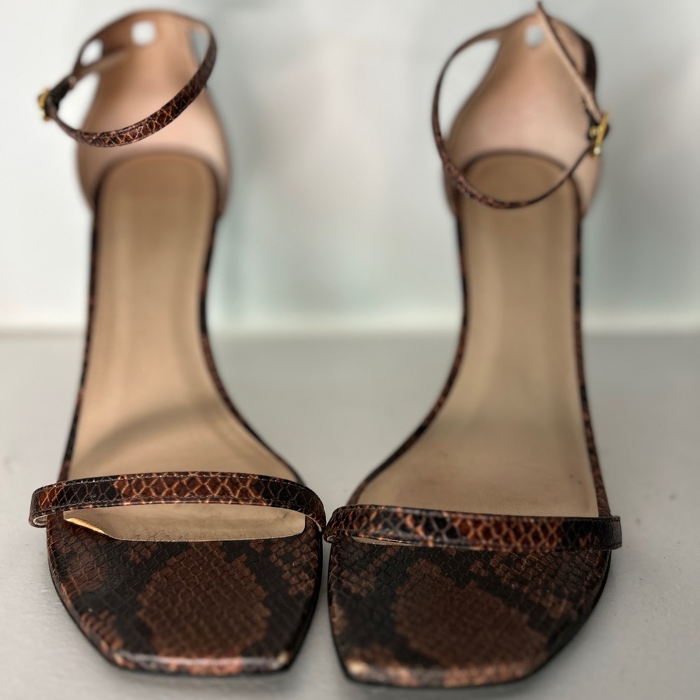 Stuart Weitzman Brown Snake-Print Ankle Strap Heels - Picture 2 of 4